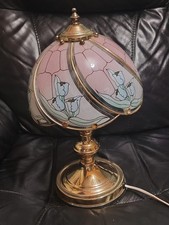 Vintage Floral Pink Glass Panel Touch Table Lamp In Brass 