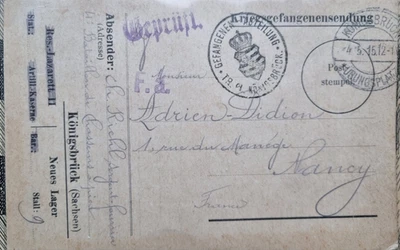 Kriegsgefangenenpost Königsbrück 1915 Dt. Feldpost 1. Weltkrieg nach Nancy - Bild 1 von 2