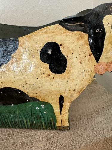 Primitive Vintage Cow Flower Pot Metal 2 Sided White Black Cows Farm Country - Picture 3 of 21