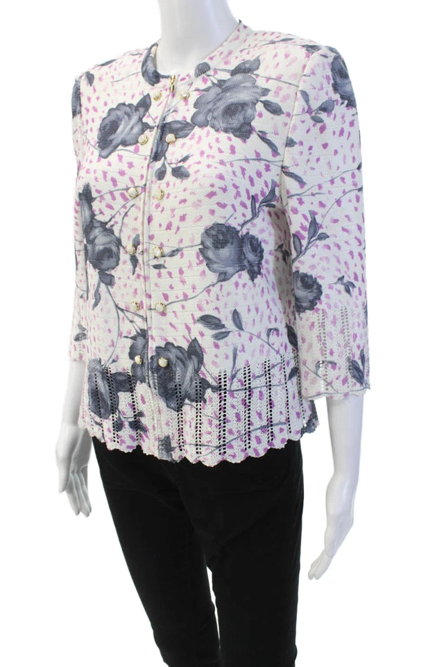 St. John Collection By Marie Gray Womens Front Zip Knit Floral Top White Size 8 - Image 2 of 4