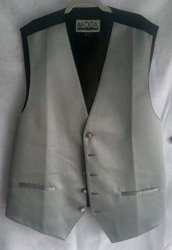 moda formal wear mens medium m silver gray suit tux vest rouched back elastic - Picture 1 of 4