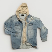 RISEN Men's Hooded Distressed Denim Jacket Hooded Liner Gray Vintage SKU052