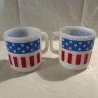 Vintage Patriotic Milk Glass Glasbake Coffee Cup Mugs Set 2