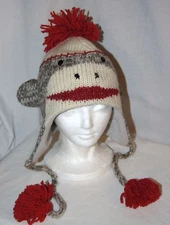 deLux SOCK MONKEY HAT knit gray ADULT costume ski cap toque beanie LINED unisex