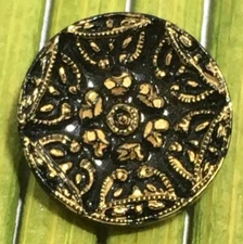 Antique Black Glass Concave Button Gold Foil Embedded Relief Tunnel Shank 1/2"