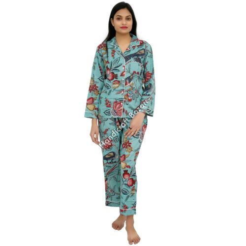 Floral Print Cotton Women Night suit Summer Bridesmaid Block Printed PJ Set Beac