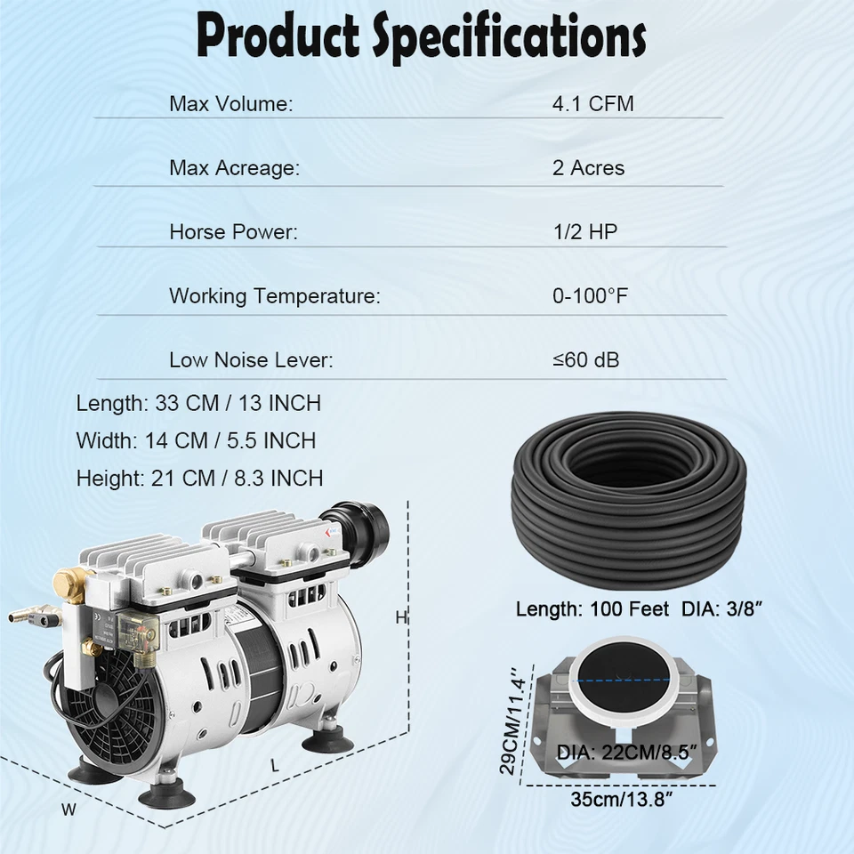 Sistema difusor tubo ponderado compresor bomba aireador estanque CFM 1/2 HP 4.1 2 acres Foto 2 de 4