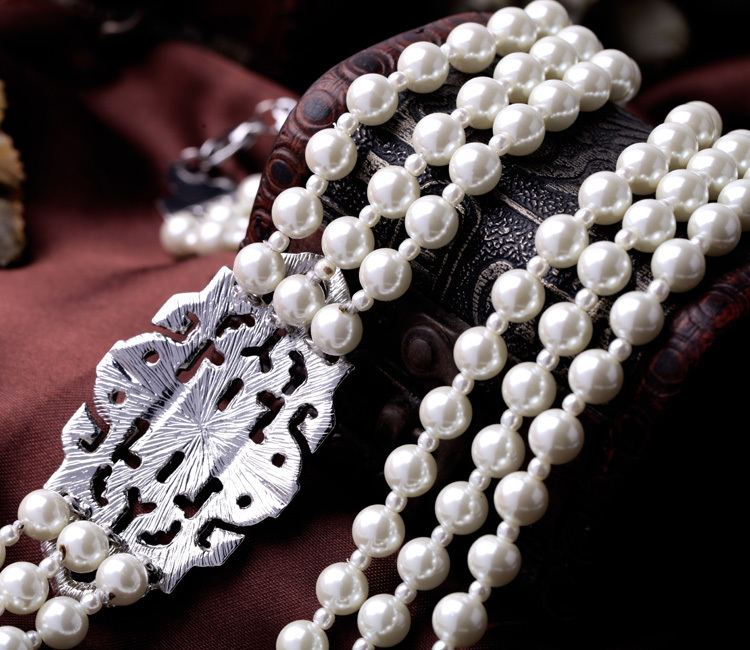 Collier Sautoir Long Perles Blanches Trois Rangs - Style Rétro Argenté, Pour Mariage Ou Soirée