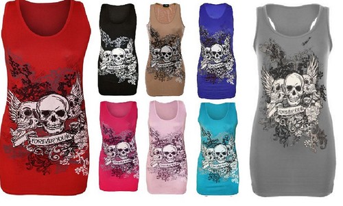 Mujer Forever Young Calavera Alas Camiseta Estampada Muscleback Camiseta 8-22