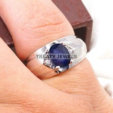 Blue Sapphire Oval Cut Gemstone With 925 Sterling Silver Ring For Men's #B632