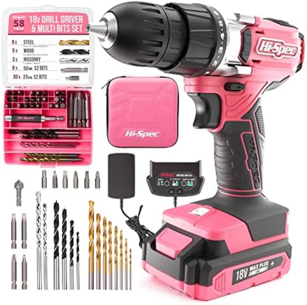 Hi-Spec set da 58 pezzi con Trapano avvitatore Rosa da 18V & Gamma di punte. Att