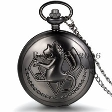 Vintage Black Hippocampus Quartz Pendant Chain Necklace Pocket Watch Half Hunter