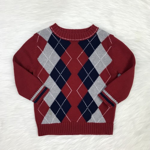 Toddler Boys Knitted Red Navy Blue Fair Isle Pattern Crewneck Sweater