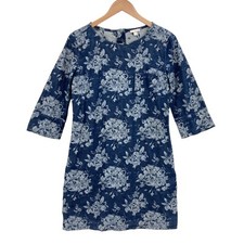 Gap Shift Dress Womens Size 4 Blue Denim Floral 3/4 Sleeve Round Neck Back Zip