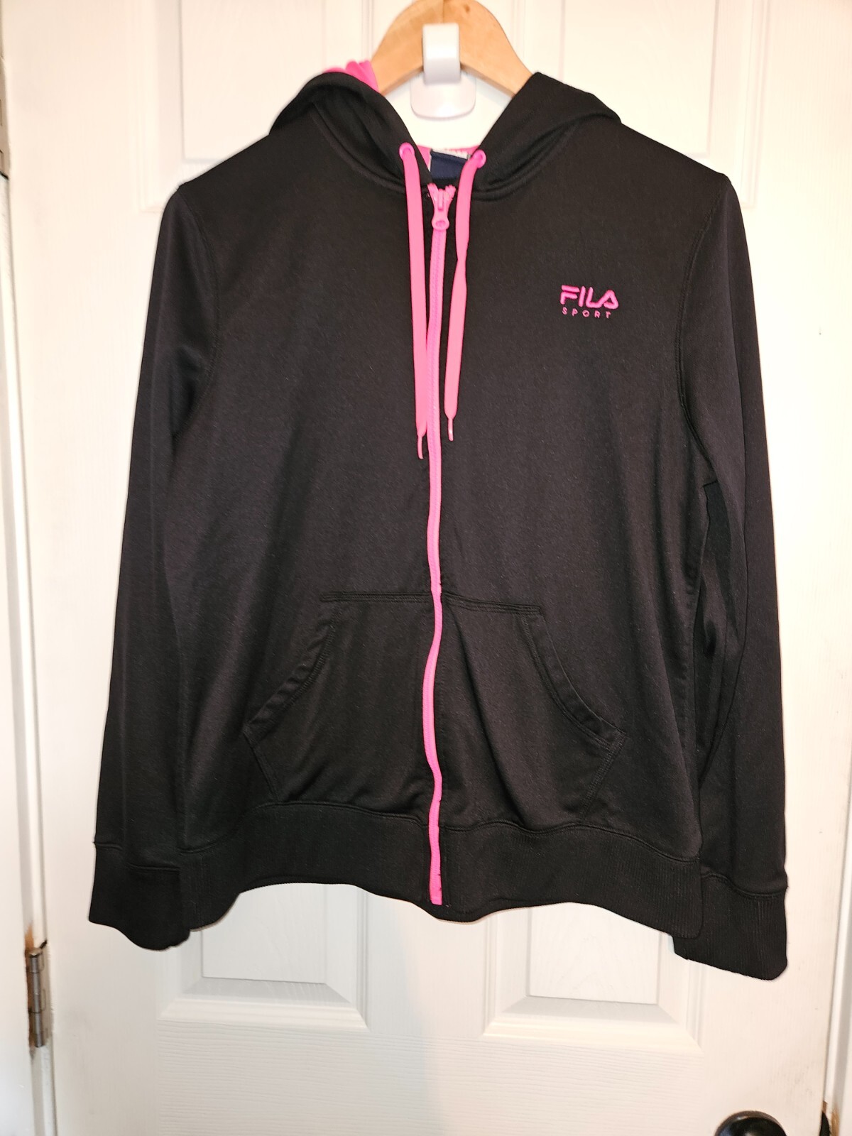 Fila Sport Giacca Donna Grande Full Zip Felpa con Cappuccio Nero Rosa EUC Fuori Corsa