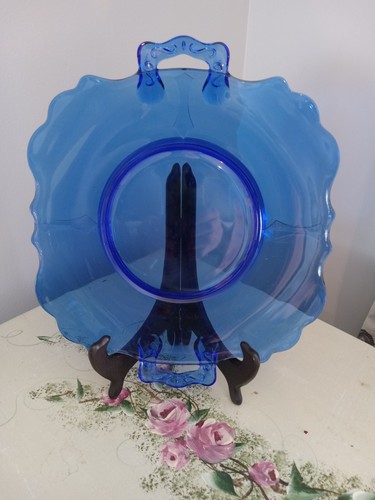 Vintage L E Smith Halterung angenehm kobaltblau Glas Kuchenplatte