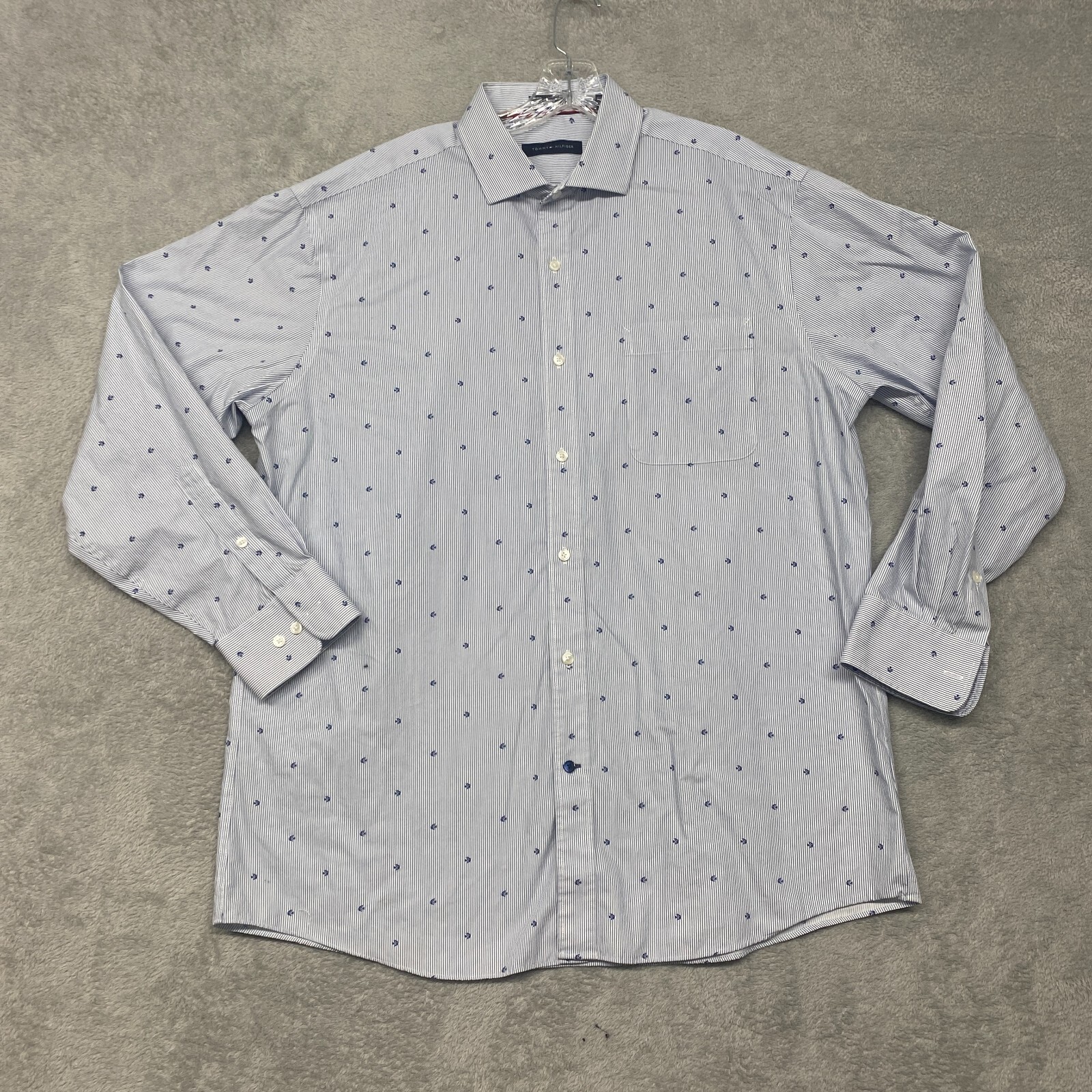 Tommy Hilfiger Shirt Mens 17 Blue Stripe Fish Button Dress Regular No Iron 34/35