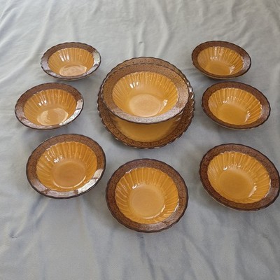 Vintage VERNONWARE METLOX 9 Piece Set San Fernando Gold USA Bowls Serving Plate
