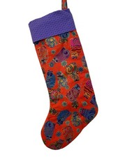 Handmade Laurel Burch Fabric Pattern Christmas Cat Stocking Holiday Red