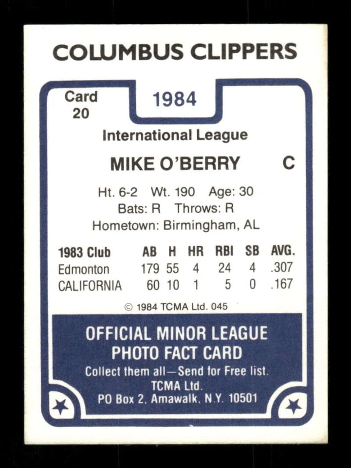 1984 TCMA Columbus Clippers 20 Mike O'Berry NM or better BXCP49 - Image 2 of 2