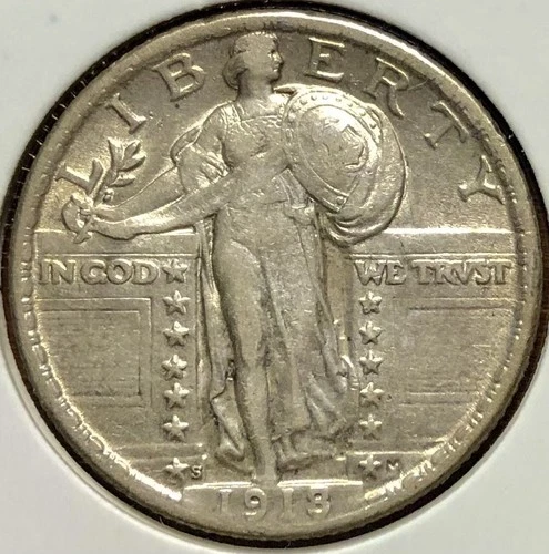 1918-S 25C Standing Liberty Silver Quarter Rare Key Date Bold Date XF Details