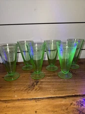 Uranium Glow Hazel Atlas Coverleaf Footed Depression Glass Tumblers -set-6 READ