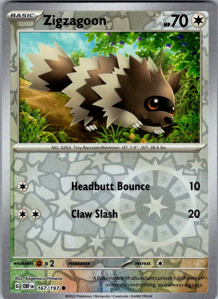 Zigzagoon Obsidian Flames 167/197 Common Reverse Holo Pokemon Near Mint