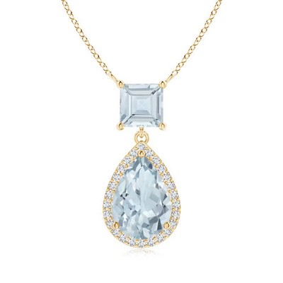 ANGARA 2,28ctw natürlicher Aquamarin Anhänger Halskette mit Diamant Heiligenschein in 14K Gold