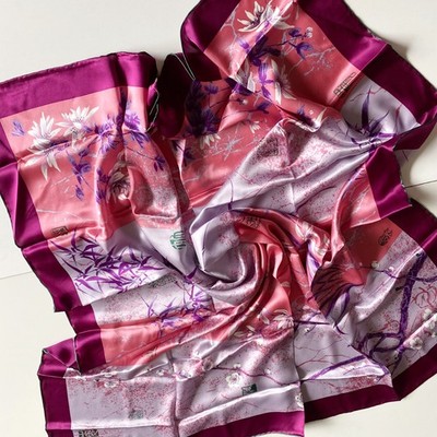 NWT Chen Xiao Pei Pink Mulberry Silk Square Scarf Signed Asian Floral Prints 41''
