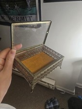 Vintage Gold Tone Filigree Jewelry Box with Beveled Glass Trinket Vanity