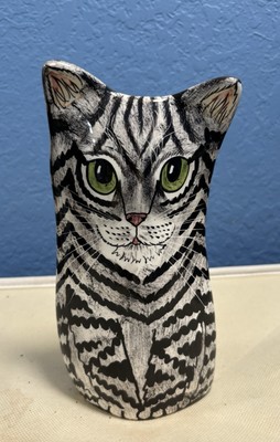 Nina Lyman Grey Tabby Cat Green Eyes   Vase Porcelain 7.5 