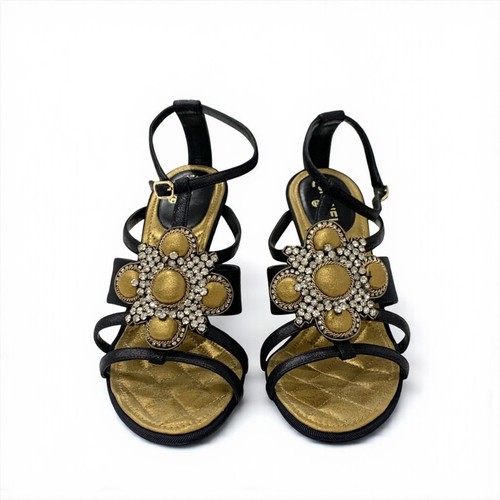 Chanel Bijou Strap Leather Sandals Black Gold Size 35.5 US 5.5 Women - Picture 13 of 24
