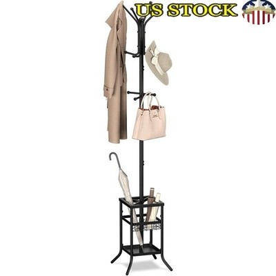 Coat Rack W/ Umbrella Holder 12 Hooks Heavy Duty Metal Stand Storage Solution US