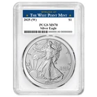 2025 (W) $1 American Silver Eagle PCGS MS70 West Point Label White Frame