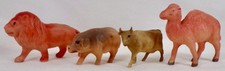 4 Celluloid Toys Camel Lion Cow Pig Christmas Putz Decoration Vintage 47