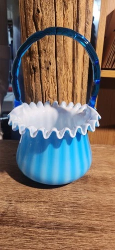 Vintage Fenton Art Glass Aqua  Blue Basket