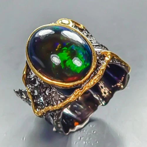 4 ct+ gemstone Natural Black Opal Ring 925 Sterling Silver Size 7 /R455478