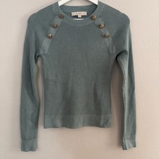 Women's LOFT Teal Ribbed Crew Neck Sweater with Silver Buttons S
