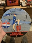 OLD VINTAGE 1956 STANDARD AVIATION FUEL PORCELAIN GAS STATION PUMP SIGN 12"