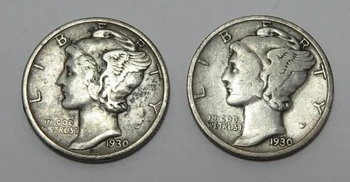 2 Mercury Dimes 1930 Fine,  30-S Very Good