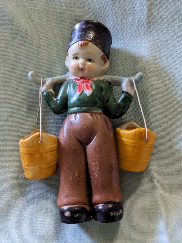 5" Bisque Dutch Boy, Made in Japan stamp with ID mark on his back with pails, 