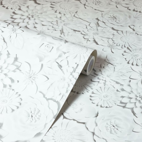 3D Effect Flower Wall White Wallpaper Floral Roses Garden Matt Modern