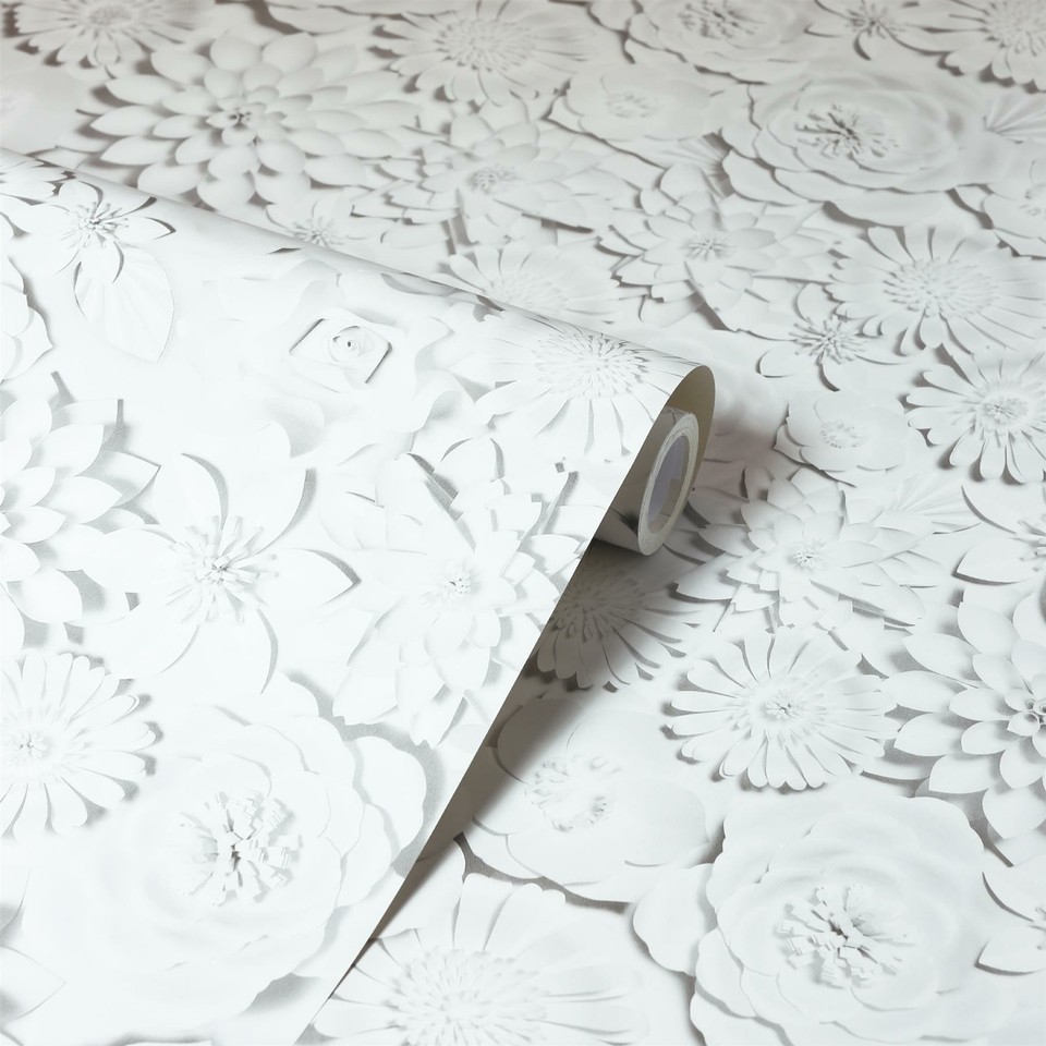 3D Effect Flower Wall White Wallpaper Floral Roses Garden Matt Modern