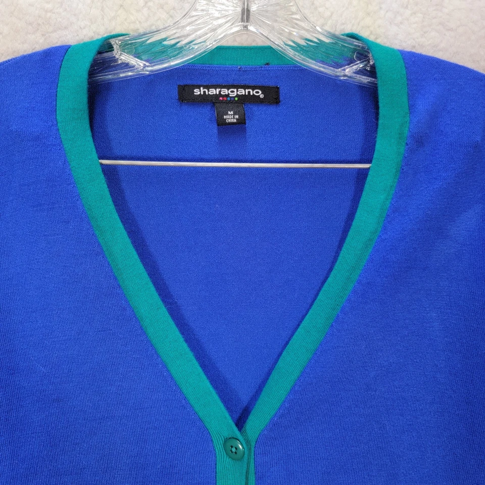 Cardigã feminino suéter Sharagano azul malha gola V bolsos academia tamanho M - Imagem 3 de 4