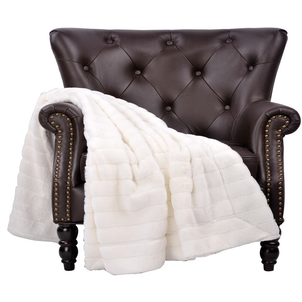 Manta de lujo de piel de visón sintético a rayas - ultra suave y acogedora para sofá o cama Foto 3 de 4