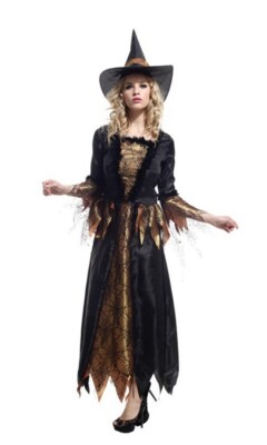Glamouröses Hexenkostüm Damen Halloween Verkleidung Halloween Gold Schwarz