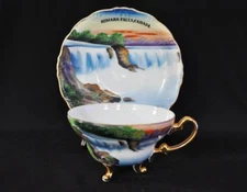 Stunning Hand-Painted Niagara Falls Canada Bone China Wide-Mouth Teacup & Saucer