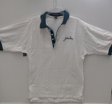 John Deere Signature Logo Polo Shirt White w/ Green Collar, L, 20 yr., US Made