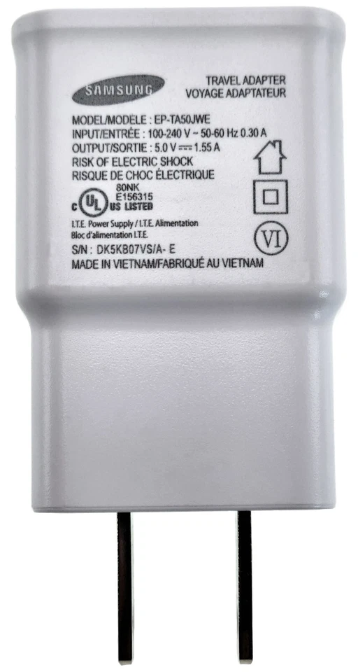 Carregador Samsung 5.0V-1.55A branco EP-TA50JWE+2 cabos USB (Tipo-C e Micro B) fabricante de equipamento original - Imagem 4 de 4