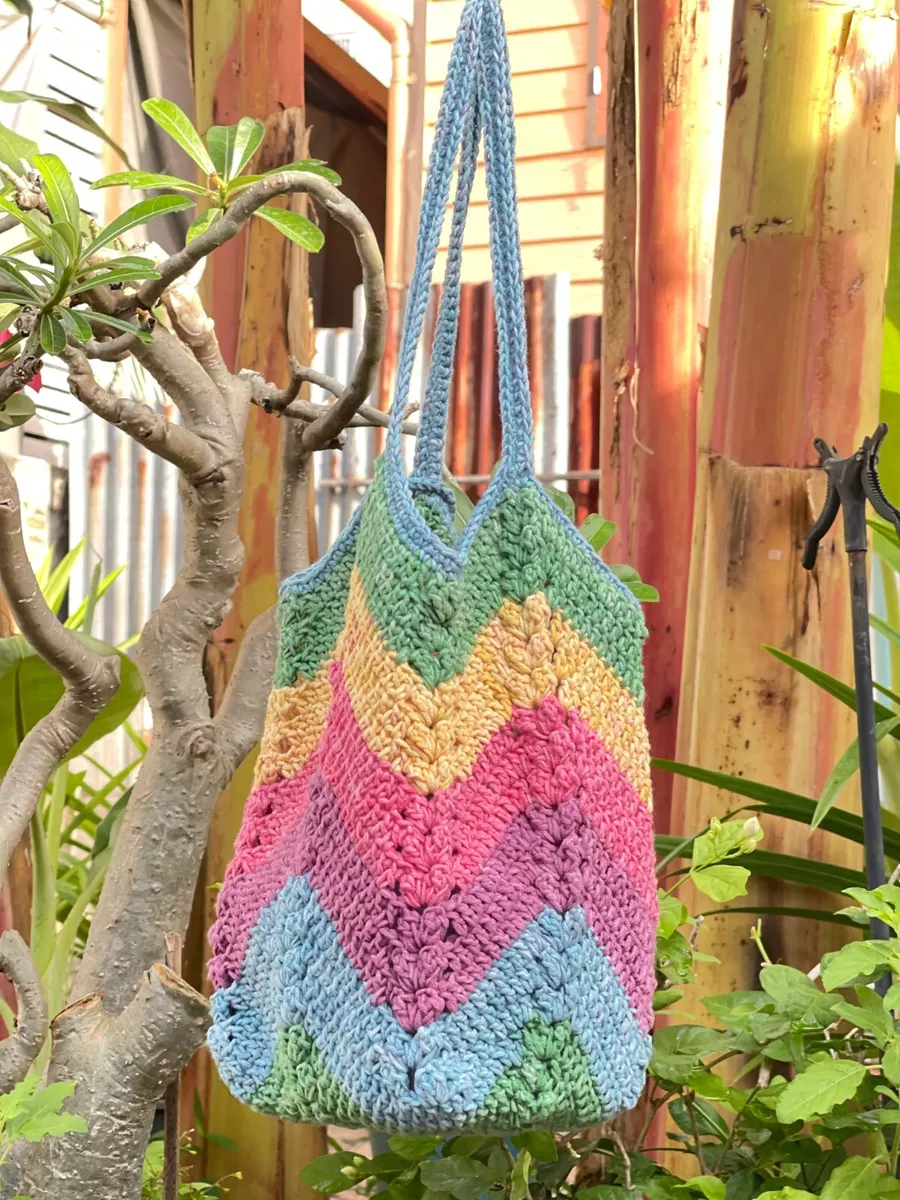 Handmade Crochet Rainbow Shopping Bag, Corn Flower Pattern,Medium